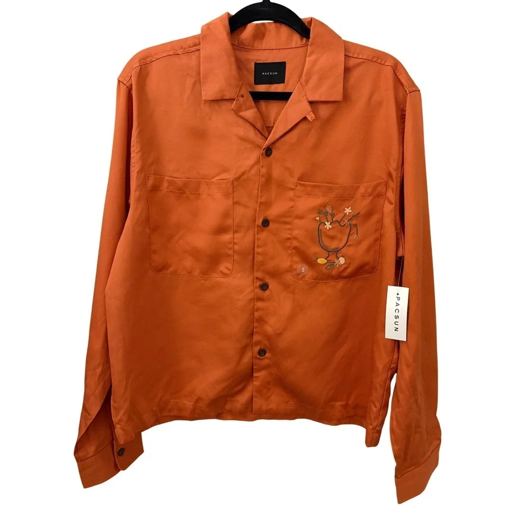 Pacsun Crimson Pub Graphic Button Up Shirt Orange Long Sleeve Men's Size S